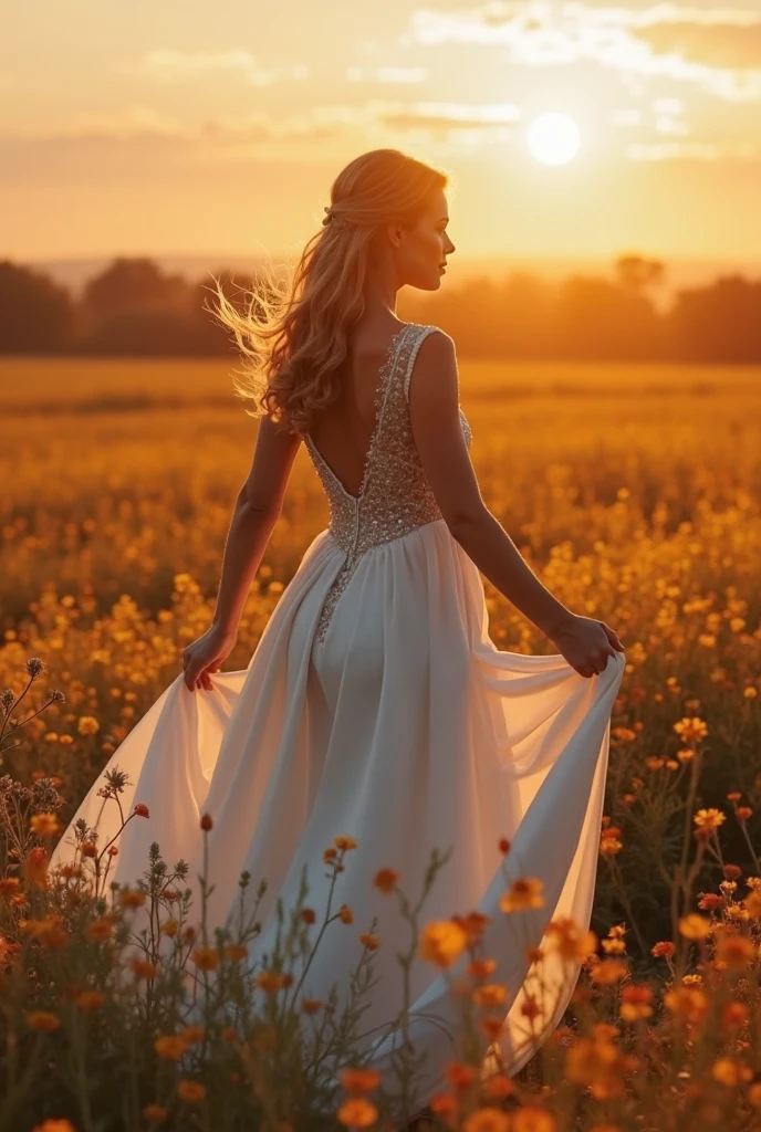 "A fairytale bride in a flattering satin A-line wedding dress with subtle sparkle, spinning in a field of glowing wildflowers at sunset, soft golden lighting, magical atmosphere, ultra-realistic 8K cinematic look."