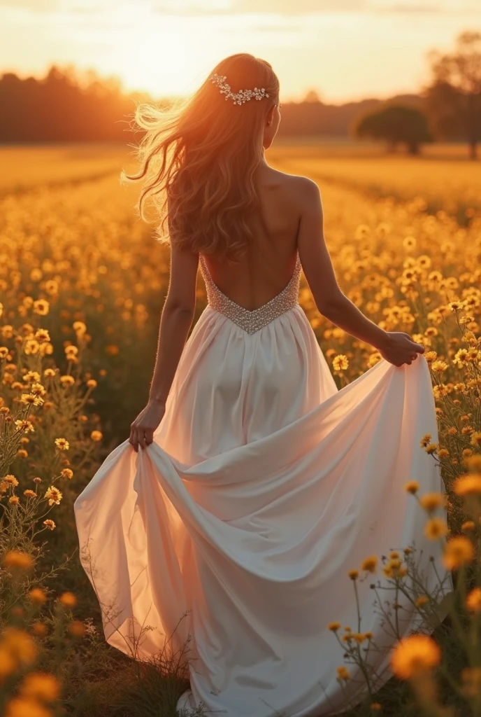 "A fairytale bride in a flattering satin A-line wedding dress with subtle sparkle, spinning in a field of glowing wildflowers at sunset, soft golden lighting, magical atmosphere, ultra-realistic 8K cinematic look."