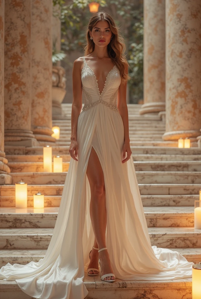 "A confident fairytale woman in a satin wedding dress with a daring thigh-high slit, standing atop a marble staircase surrounded by floating lanterns, dramatic train flowing behind her, glamorous and ethereal, ultra-realistic 8K."