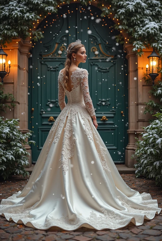 "A royal-looking fairytale bride wearing a satin wedding gown with long lace-trimmed sleeves, standing by a grand palace gate covered in ivy, soft snowfall, glowing ambient lights, ultra-realistic 8K detail."