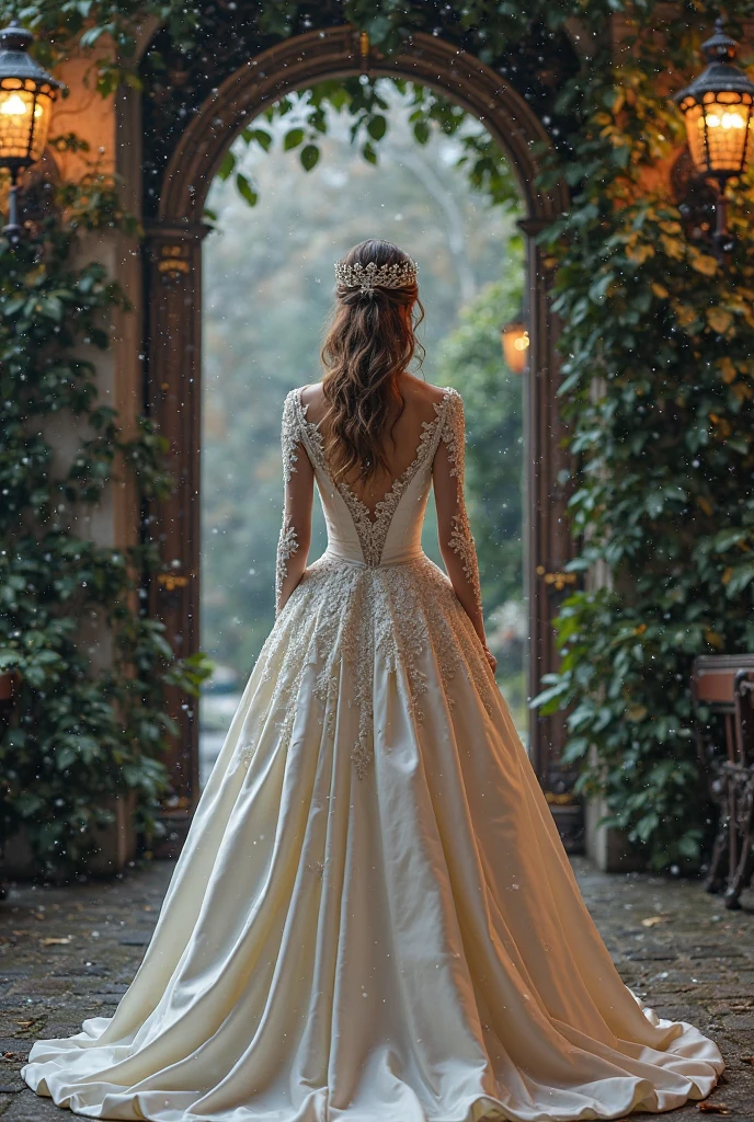 "A royal-looking fairytale bride wearing a satin wedding gown with long lace-trimmed sleeves, standing by a grand palace gate covered in ivy, soft snowfall, glowing ambient lights, ultra-realistic 8K detail."