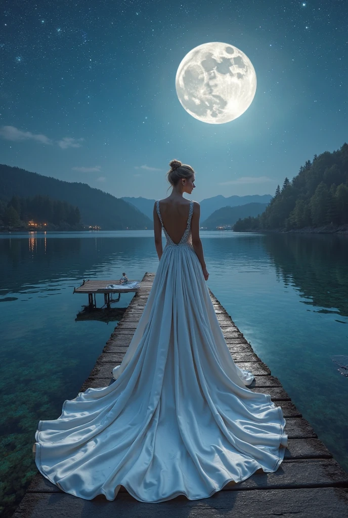 "An enchanting fairytale woman in a backless satin wedding gown with a long elegant train, standing on a moonlit bridge over a crystal-clear lake, starry sky above, soft glowing lighting, ultra-realistic 8K."