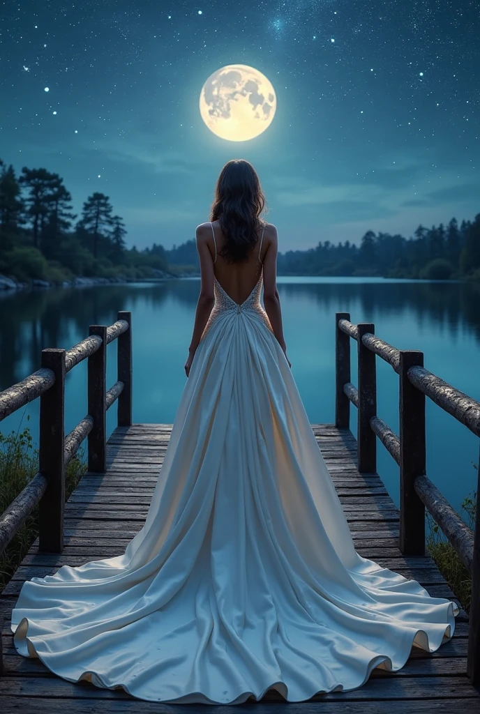 "An enchanting fairytale woman in a backless satin wedding gown with a long elegant train, standing on a moonlit bridge over a crystal-clear lake, starry sky above, soft glowing lighting, ultra-realistic 8K."