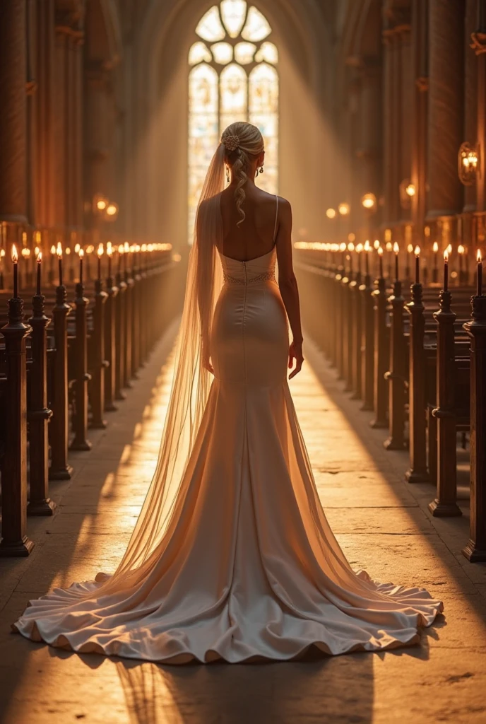 "A fairytale bride wearing a satin wedding dress with a detachable flowing train, walking down a candle-lit aisle inside an ancient cathedral, dramatic magical lighting, ultra-realistic 8K photography style."