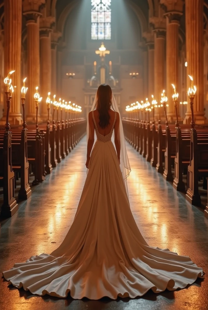 "A fairytale bride wearing a satin wedding dress with a detachable flowing train, walking down a candle-lit aisle inside an ancient cathedral, dramatic magical lighting, ultra-realistic 8K photography style."
