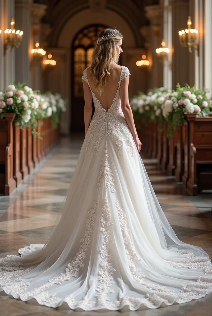 "Create a luxurious European wedding gown with a dramatic cathedral-length train, embellished with lace appliqués and Swarovski crystals, photographed from behind in a royal cathedral aisle lined with candles and floral arches."