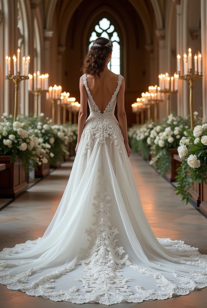 "Create a luxurious European wedding gown with a dramatic cathedral-length train, embellished with lace appliqués and Swarovski crystals, photographed from behind in a royal cathedral aisle lined with candles and floral arches."