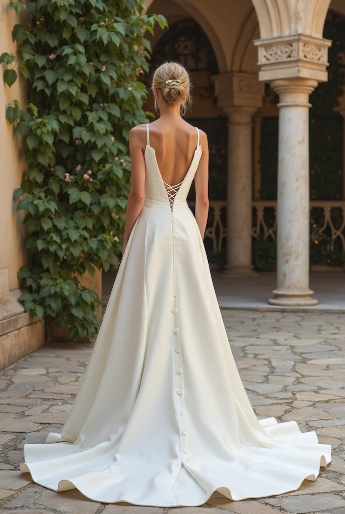 "Design a sleek satin A-line European princess wedding dress with a deep V-neckline and elegant buttons down the back, photographed in a classic European courtyard surrounded by marble columns and ivy-covered arches."