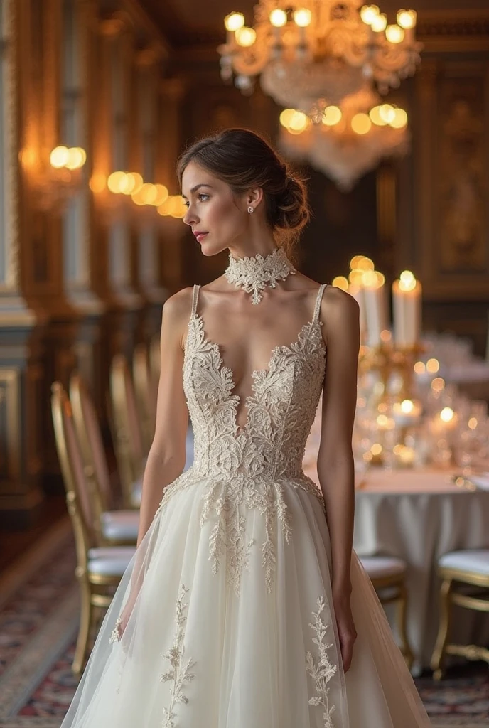 "Create an exquisite high-neck European wedding dress with delicate lace and organza details, inspired by vintage royal styles, captured in a romantic candlelit European castle dining hall with gold accents and chandeliers."