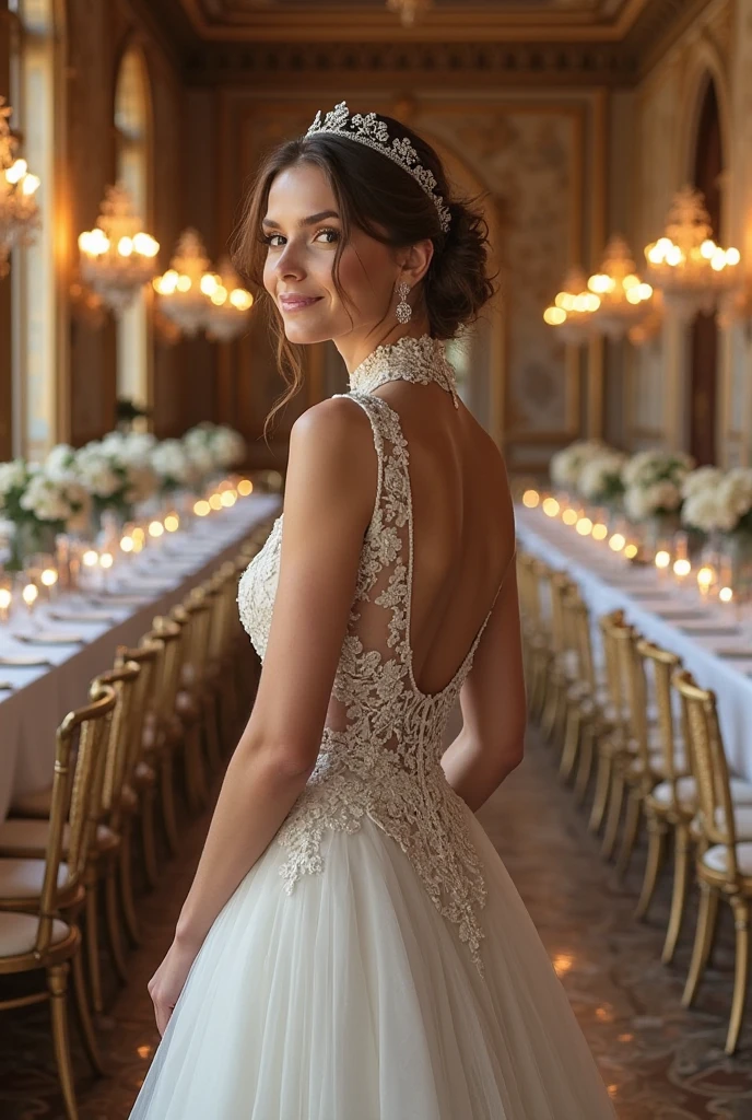 "Create an exquisite high-neck European wedding dress with delicate lace and organza details, inspired by vintage royal styles, captured in a romantic candlelit European castle dining hall with gold accents and chandeliers."