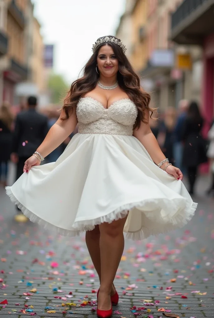 "A fun plus-size bride wearing a short tea-length wedding dress with structured bodice and flared skirt, twirling in a vibrant city street with confetti, colorful festive vibe, high-resolution playful editorial style."