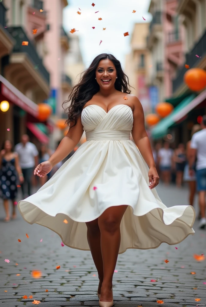 "A fun plus-size bride wearing a short tea-length wedding dress with structured bodice and flared skirt, twirling in a vibrant city street with confetti, colorful festive vibe, high-resolution playful editorial style."