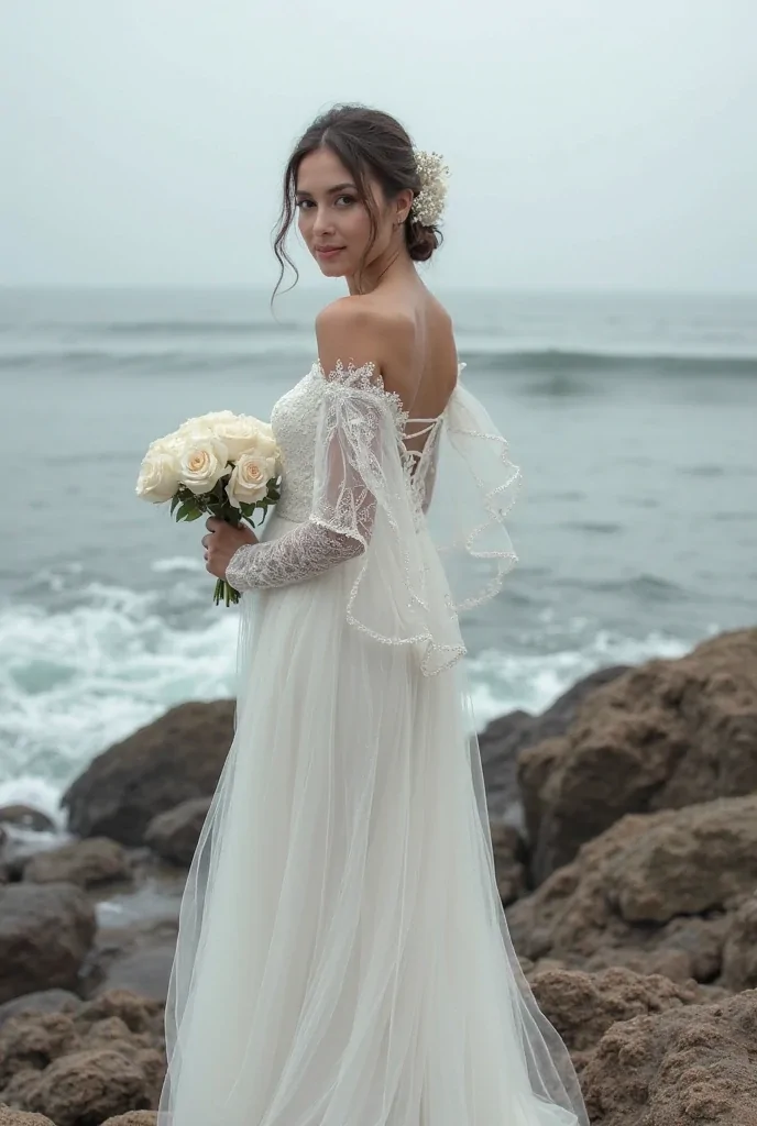 "A glamorous bride wearing a fitted sheath wedding gown with a thigh-high slit, barefoot on a private beach with white sand and turquoise water, dramatic veil flowing in the wind, fashion editorial bridal aesthetic, Pinterest vertical image."