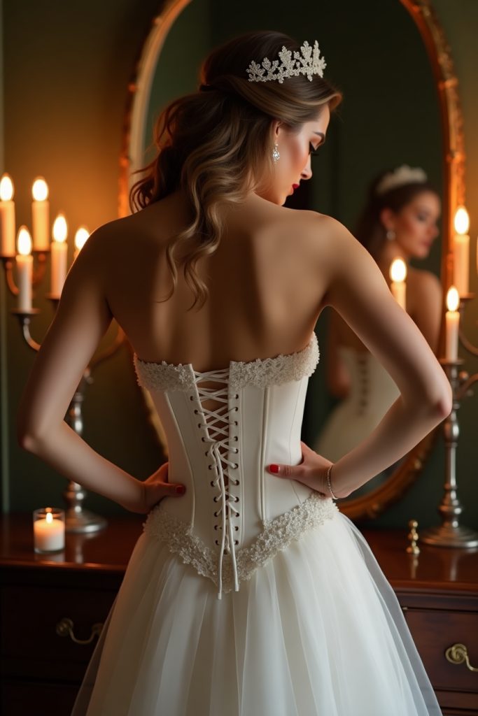 "A glamorous bride lacing up a luxurious satin bridal corset waist cincher with lace-up back detail, standing in front of a gold-framed mirror. Dim romantic lighting with candles and bridal accessories, ultra-high-resolution fashion editorial style."

