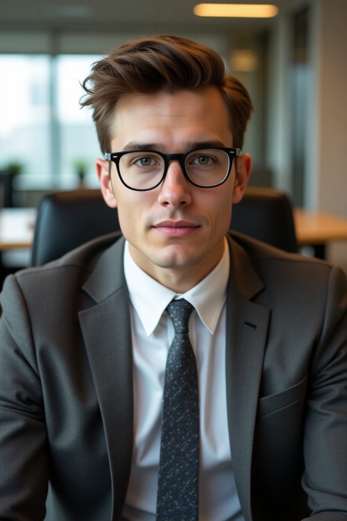 Classic Ivy League haircut on a young professional male, slim-fit blazer, small round glasses, office background, clean lighting