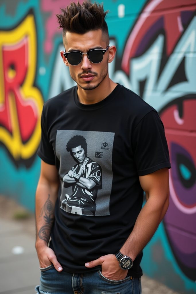 Edgy male model with faux hawk and skin fade, rectangular dark glasses, sporty outfit, graffiti wall background, energetic pose