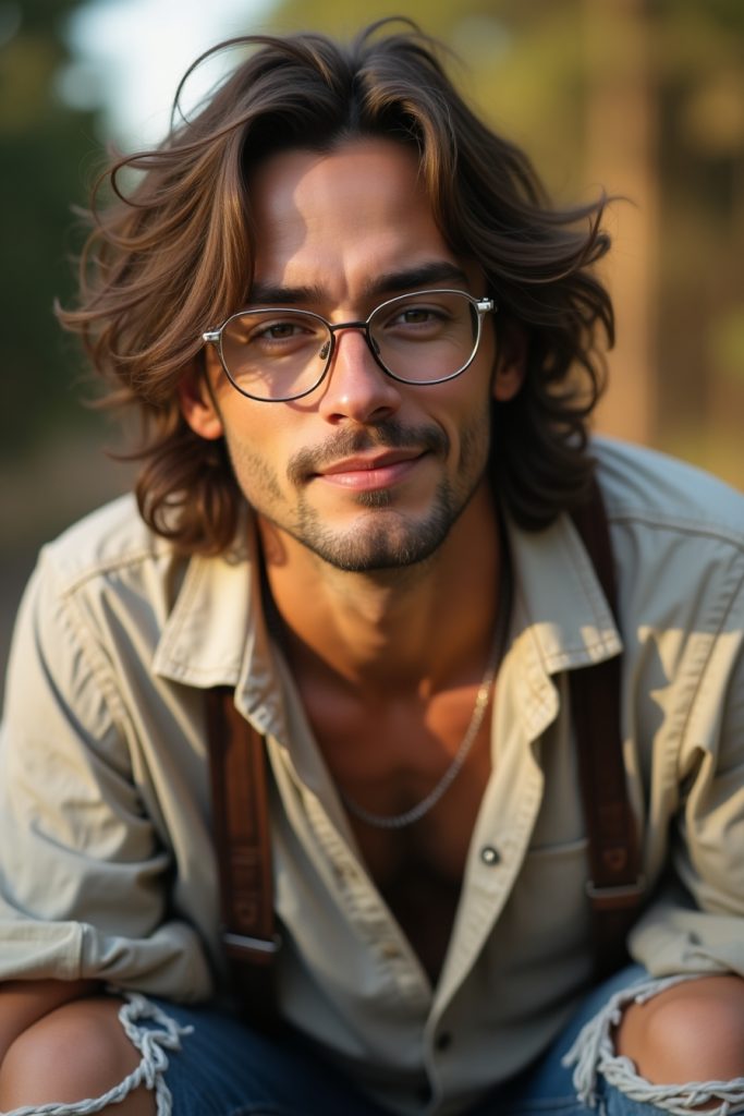 Male with medium-length wavy hair, brushed loosely back, thin metal-frame glasses, bohemian outfit, natural sunlight, soft focus