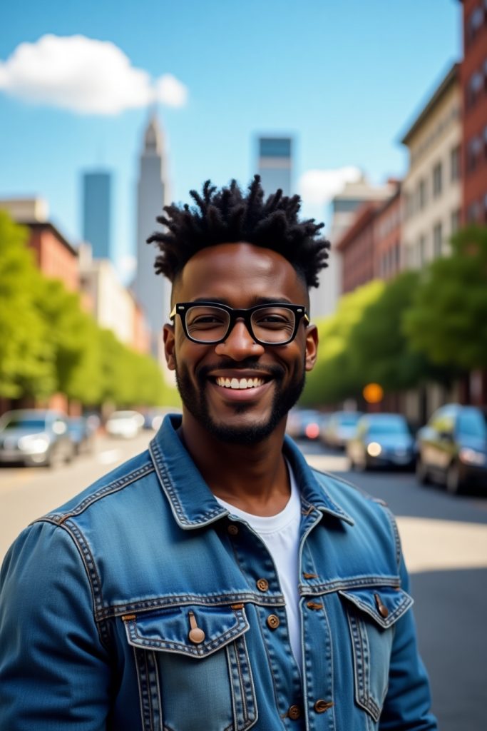 Man with curly top fade hairstyle, modern rectangle glasses, denim jacket, outdoor setting, sunshine and city backdrop