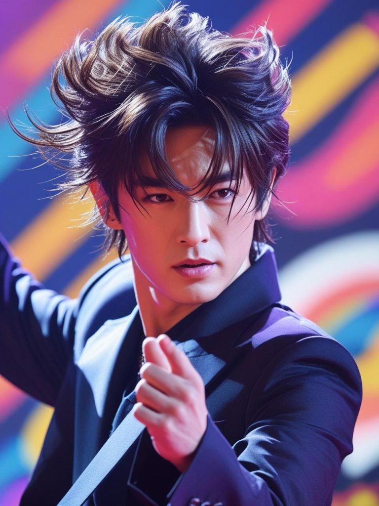J-pop star with windswept, voluminous bangs, styled crown layers, energetic pose, stage lighting, colorful background