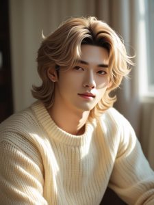 Male idol with medium-length soft perm, wavy texture, soft lighting, cozy knit sweater, indoor setting with natural light