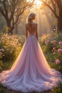 "A stunning bride wearing a colored fairytale wedding gown in soft pastel shades of blush pink and lavender with delicate sparkle details, layered tulle skirt, and flowing train, standing in an enchanted forest with glowing lanterns and blooming flowers, dreamy golden-hour light, ultra-realistic high-resolution bridal photography, cinematic and ethereal atmosphere"