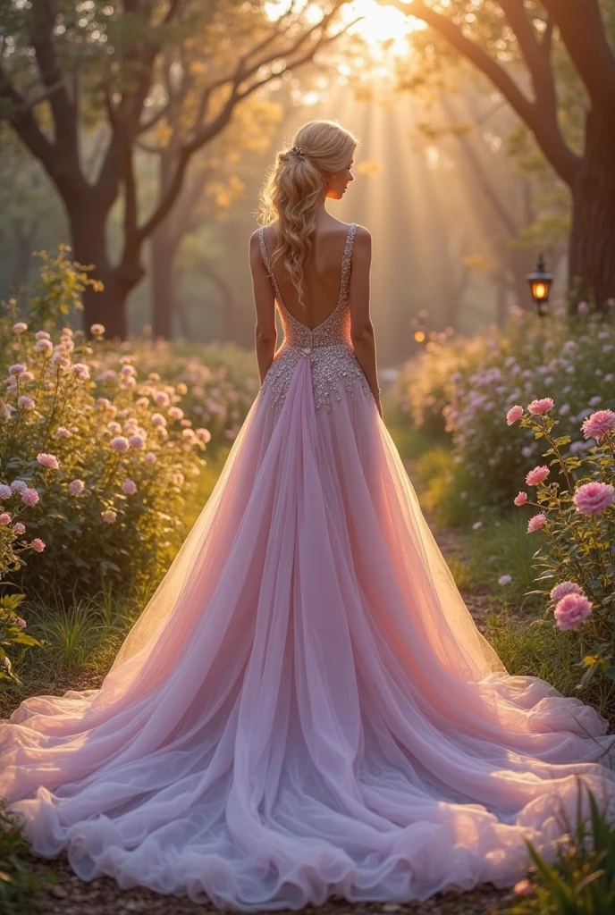 Best Fairytale Wedding Dresses Inspiration for Brides in 2025 8 "A stunning bride wearing a colored fairytale wedding gown in soft pastel shades of blush pink and lavender with delicate sparkle details, layered tulle skirt, and flowing train, standing in an enchanted forest with glowing lanterns and blooming flowers, dreamy golden-hour light, ultra-realistic high-resolution bridal photography, cinematic and ethereal atmosphere"