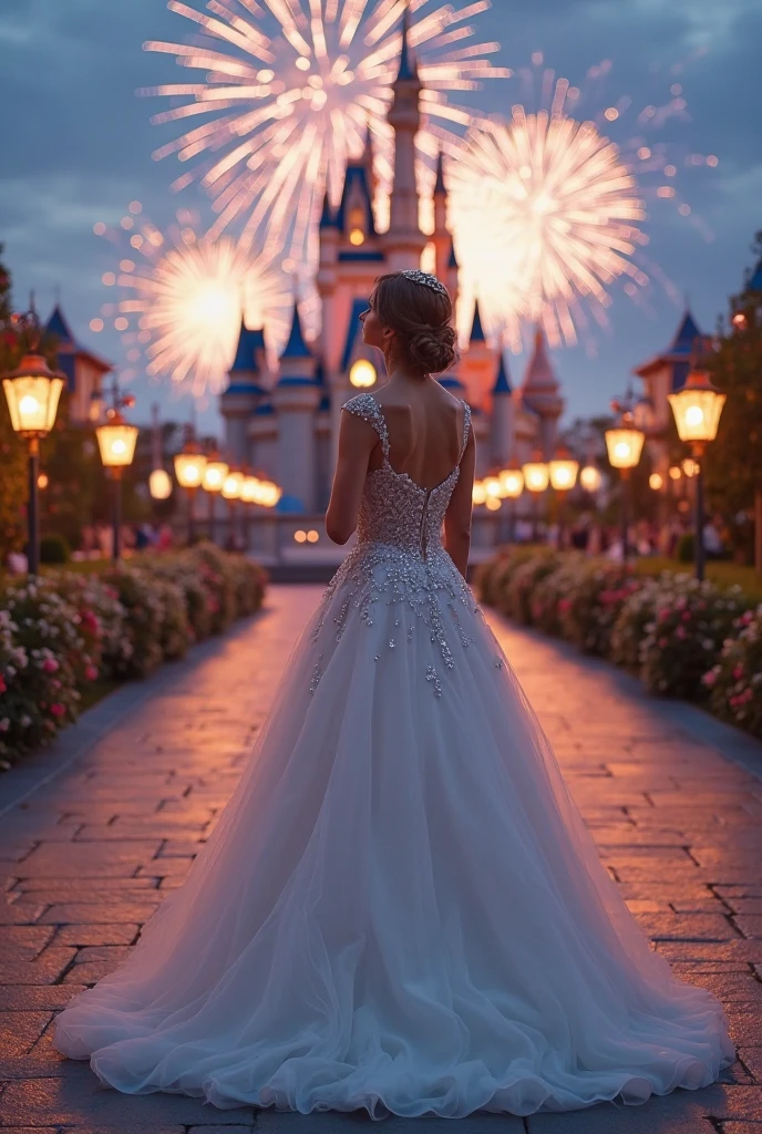 Best Fairytale Wedding Dresses Inspiration for Brides in 2025 16 "A magical Disney-loving bride wearing a sparkling Cinderella-inspired fairytale wedding gown with crystal-embellished tulle skirt and fitted bodice, delicate pearl tiara, and glass slipper-style heels, standing in front of an enchanted castle at twilight with glowing lanterns and soft fireworks in the background, dreamy cinematic atmosphere, ultra-realistic high-resolution bridal photography"