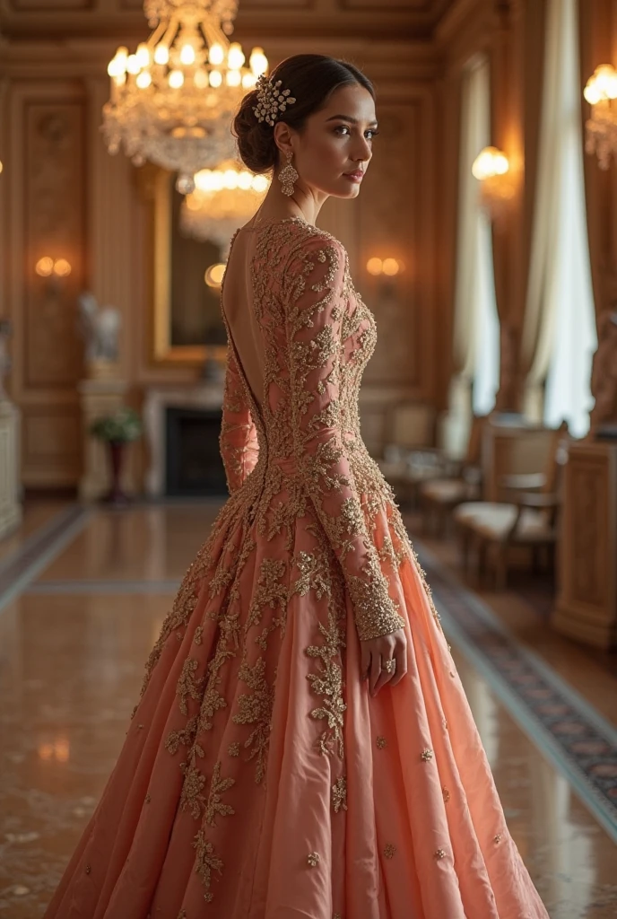 Best Royal-Inspired Princess Wedding Gowns Fit for a Queen | Bridal Trends 2025 4 A royal princess wedding gown crafted from rich silk mikado and soft velvet accents, metallic thread embroidery, elegant high neckline, long sleeves, glowing chandeliers in a palace ballroom, cinematic bridal photo style with soft focus