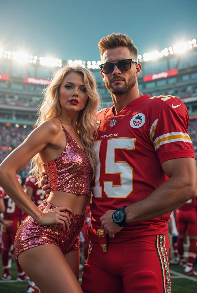 Top 25 Halloween Couple Costumes for 2025 (Barbie, Gothic, Funny & More) 6 A couple dressed as Taylor Swift in a sparkly concert outfit and Travis Kelce in a football jersey, posing in a stadium background, energetic and fan-culture inspired