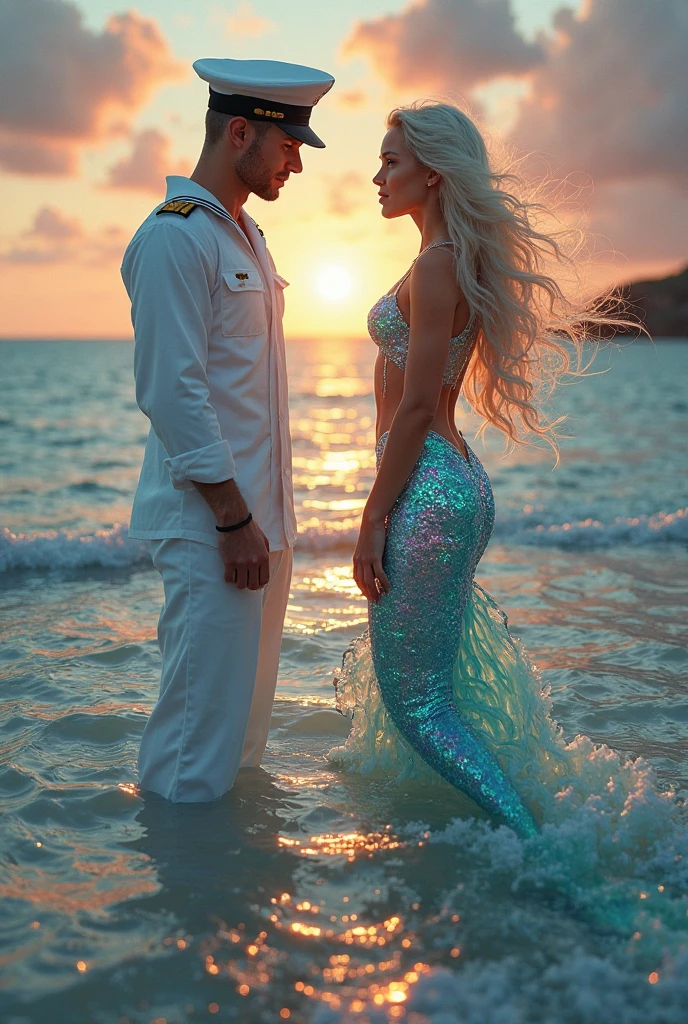 Top 25 Halloween Couple Costumes for 2025 (Barbie, Gothic, Funny & More) 7 A magical mermaid with a shimmering tail and seashell top standing next to a sailor in a white uniform, ocean or beach backdrop, glowing sunset lighting