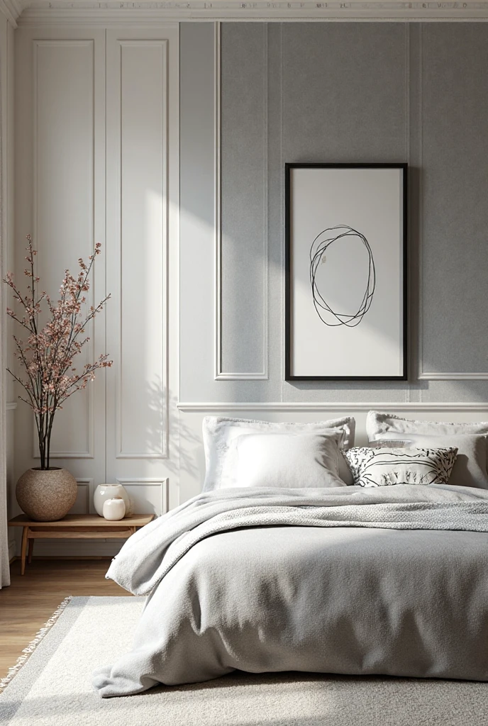 "Ultra-realistic 8K luxury black, white, and grey bedroom with upholstered grey walls, black nightstands with gold hardware, layered white bedding, plush fabrics, boutique hotel vibe"