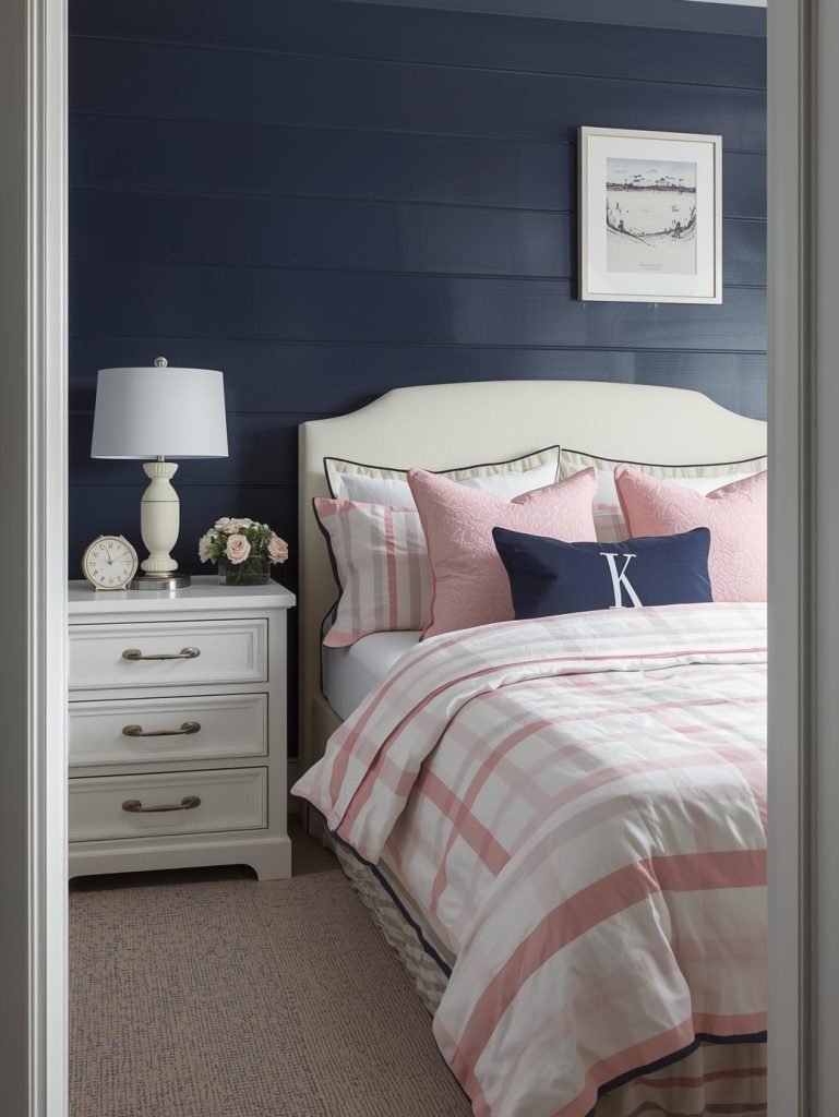 Full preppy teen bedroom with navy blue walls white and pink striped bedding white furniture with navy accents monogrammed pillows clean modern teen aesthetic ultra realistic photography 2 3 ratio