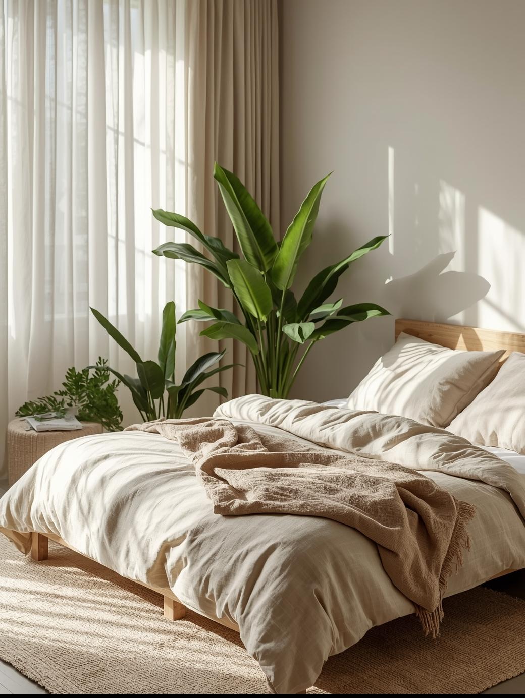 Nature inspired guest bedroom earthy greens wooden bed linen curtains indoor plants calming natural textures eco friendly minimalist style